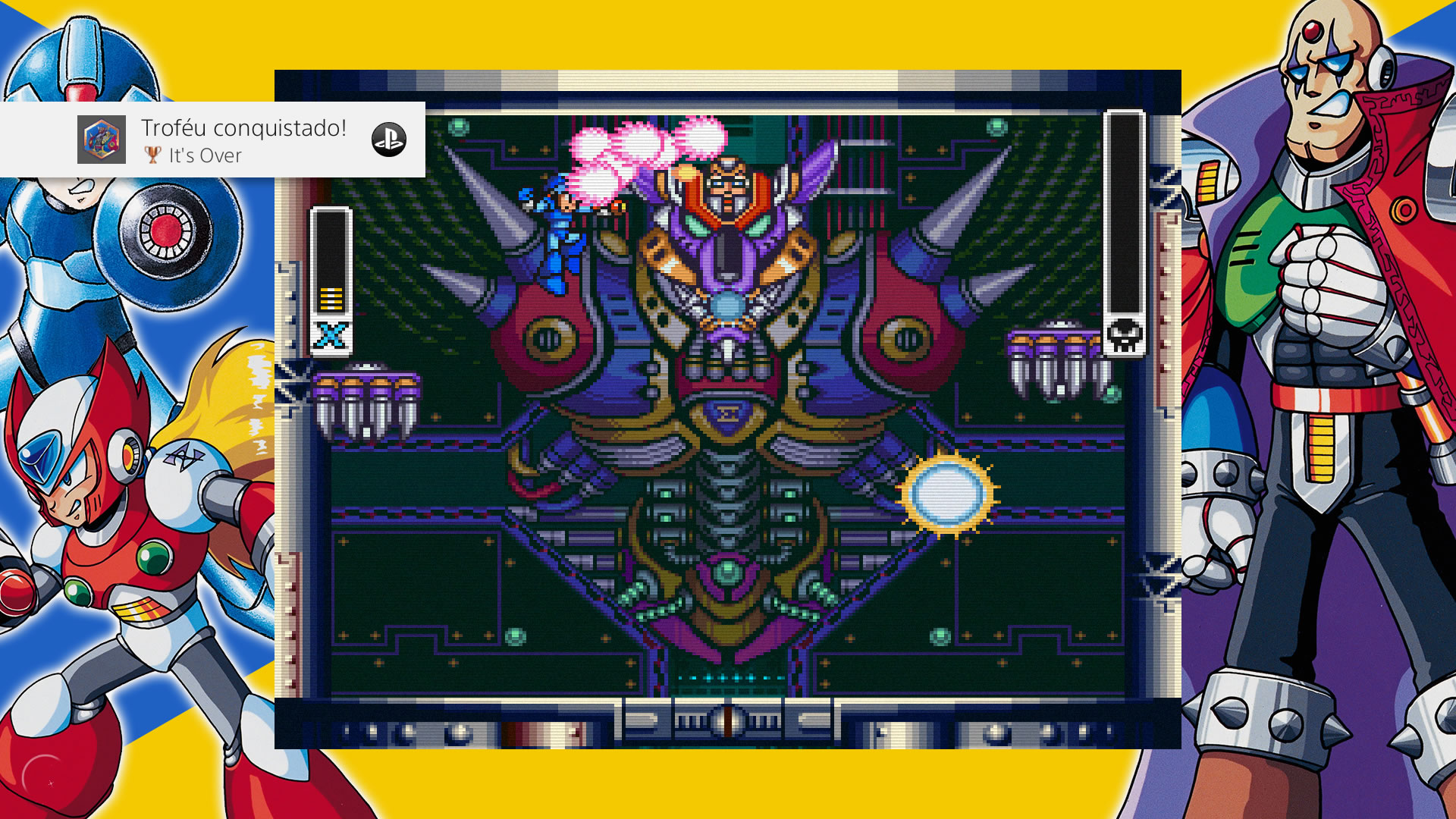 Troféu da PSN conquistado pela conclusão de Megaman X. Repare na falta total de upgrades em cumprimento do desafio.